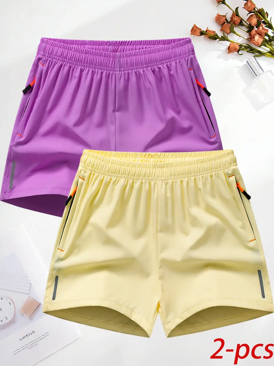 2-Pack Women’s Ice Silk Quick-Dry Sports Shorts – Zippered Pockets – Breathable Running Shorts with Reflective Stripes, suitable for fitness, training, and summer casual wear