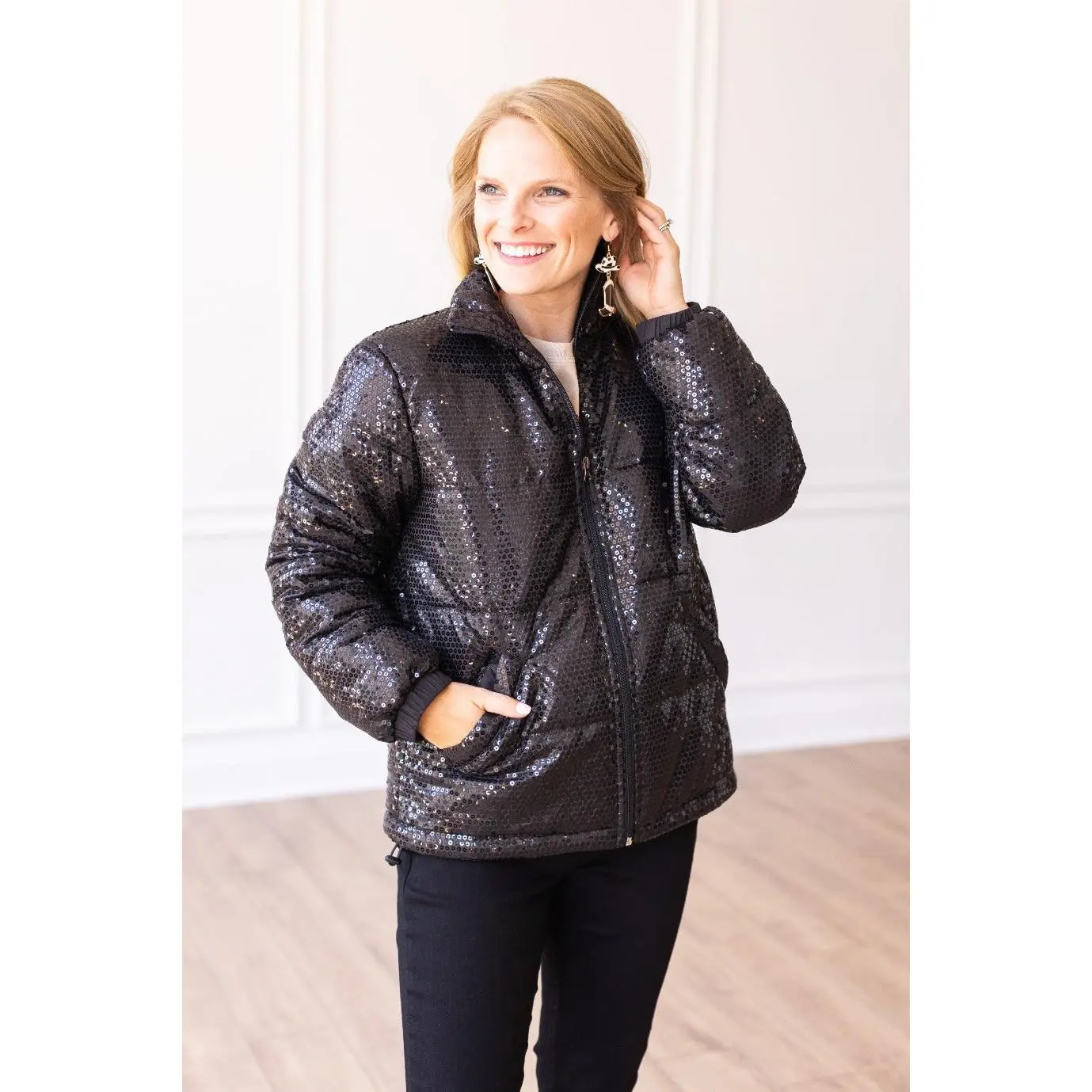 The Bring The Sparkle Sequin Puffer Coat - Black