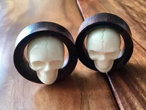 PAIR of Unique Organic Carved Bone Skull Inside a Sono Wood Double Flare Saddle Tunnels - Gauges 3/4" (19mm) thru 1&3/8" (35mm)