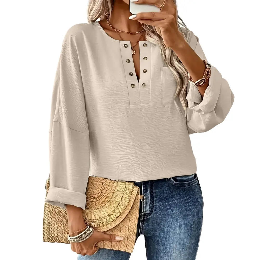 Dokotoo Women Dropped Shoulder Long Sleeve V Neck Solid Color Pocket Button Metal Shift Casual Shirt