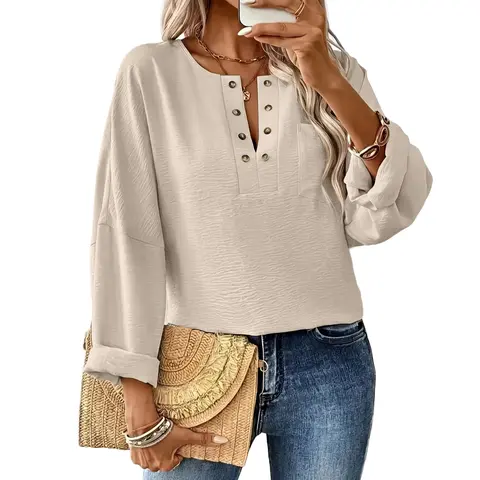 Dokotoo Women Dropped Shoulder Long Sleeve V Neck Solid Color Pocket Button Metal Shift Casual Shirt