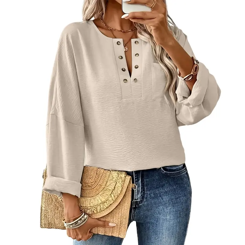 Dokotoo Women Dropped Shoulder Long Sleeve V Neck Solid Color Pocket Button Metal Shift Casual Shirt