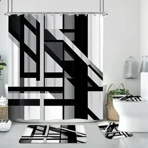 Geometric Pattern Bathroom & Restroom Decorations, 1 Set Bathroom Shower Curtain & Toilet U-shape Mat & Toilet Lid Cover & Bathroom Mat, Home Goods, Bathroom Accessories, Shower Curtain Sets
