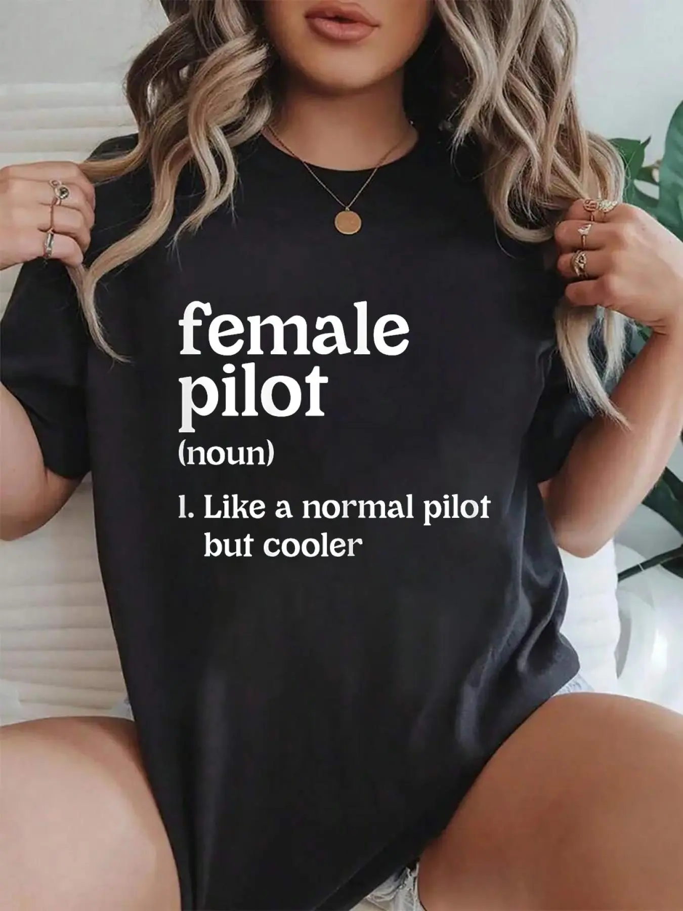 100% cotton Female Pilot Definition Aviators Graphic Airplanes Aviation T-Shirt Crew Neck short Sleeve T-Shirt, Casual Print Graphic Cotton Tees Women Tops