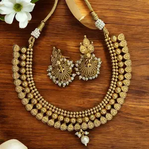 Leela Gold Temple Necklace Set With Pearl