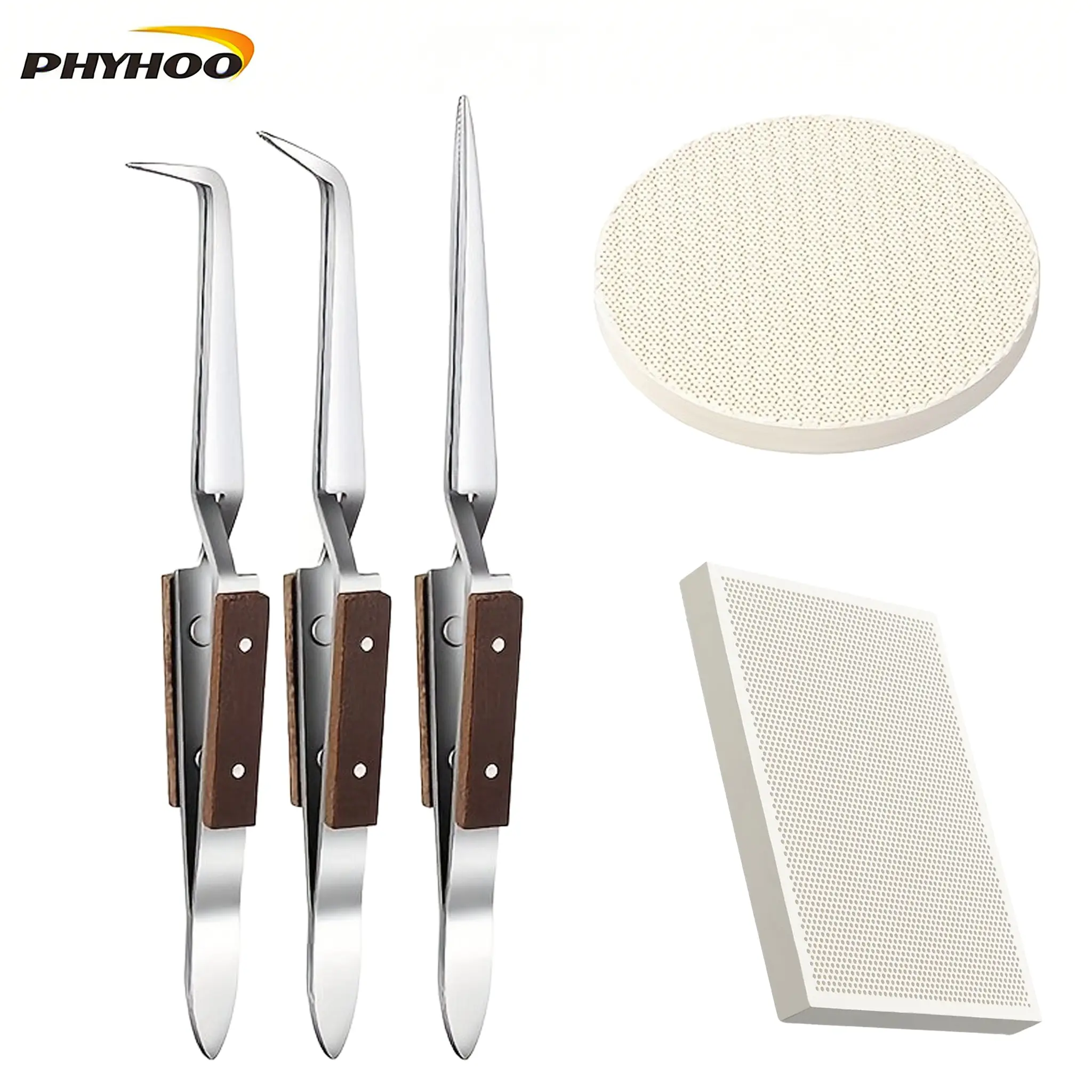 DIY Beading & Jewelry Making Stainless Steel Soldering Kit for Metalsmiths - 3 Heat-Resistant Tweezers (Large, Compact), Wood-Insulated Handles, 2 Rectangular Honeycomb Perforated Boards, Annealing Cleaner for Precision Soldering, 3 Tweezers
