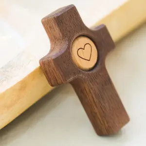 Wood Cross My Heart Small Pocket Crosses -Jesus Christian Holding Hand Crosses Bulk for Christmas Baptism First Communion Gift