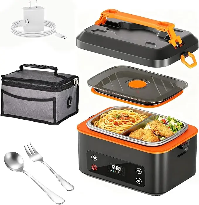 RUDAP Heated Lunch Box with 20000mAh Battery,Cordless Electric Food Warmer with Scheduled Heating & Digital Display,Portable Rechargeable Lunch Heater for Work, Office, Travel, Camping,Suitable for Adults and Children#SummerWins,home essentials