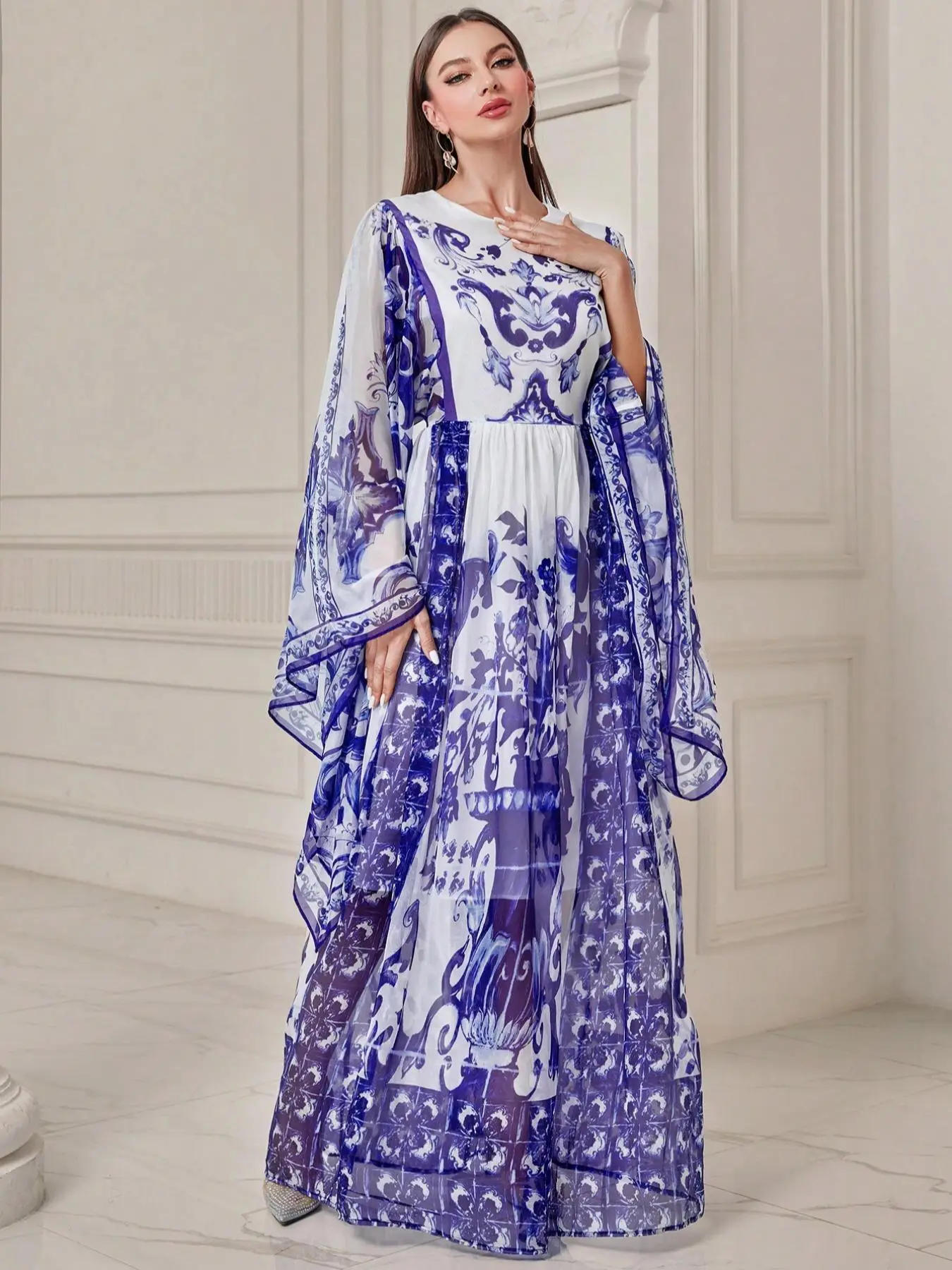 Arabic Clothing-Ethnic Pattern Ruched Flounce Sleeve Chiffon Dress, Elegant Long Sleeve Round Neck A Line Dress For Vacation Holiday Party, Women's Is