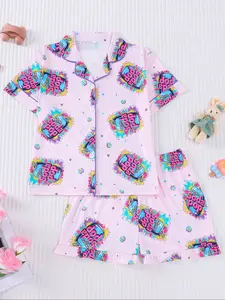 Soda Pop Print Sleepwear Set Outfit, Casual Fitted Short Sleeve Shirt & Elastic Waist Shorts, All Seasons Home Wear Pajama Loungewear Homewear