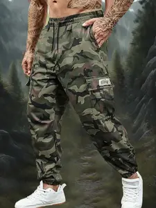 3pcs Sleek Operator Men's Camo Cargo Pants with Drawstring Waist, Flap Pockets Casual Joggers for Spring/fall, Stylish and Comfortable