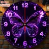 1 purple neon effect butterfly wall clock, Silent analog clock, no ticking, starry sky decorative clock, Clocks for living room, suitable for living room, bedroom, easy-to-read numbers, perfect home and office decoration gift, made of acrylic material