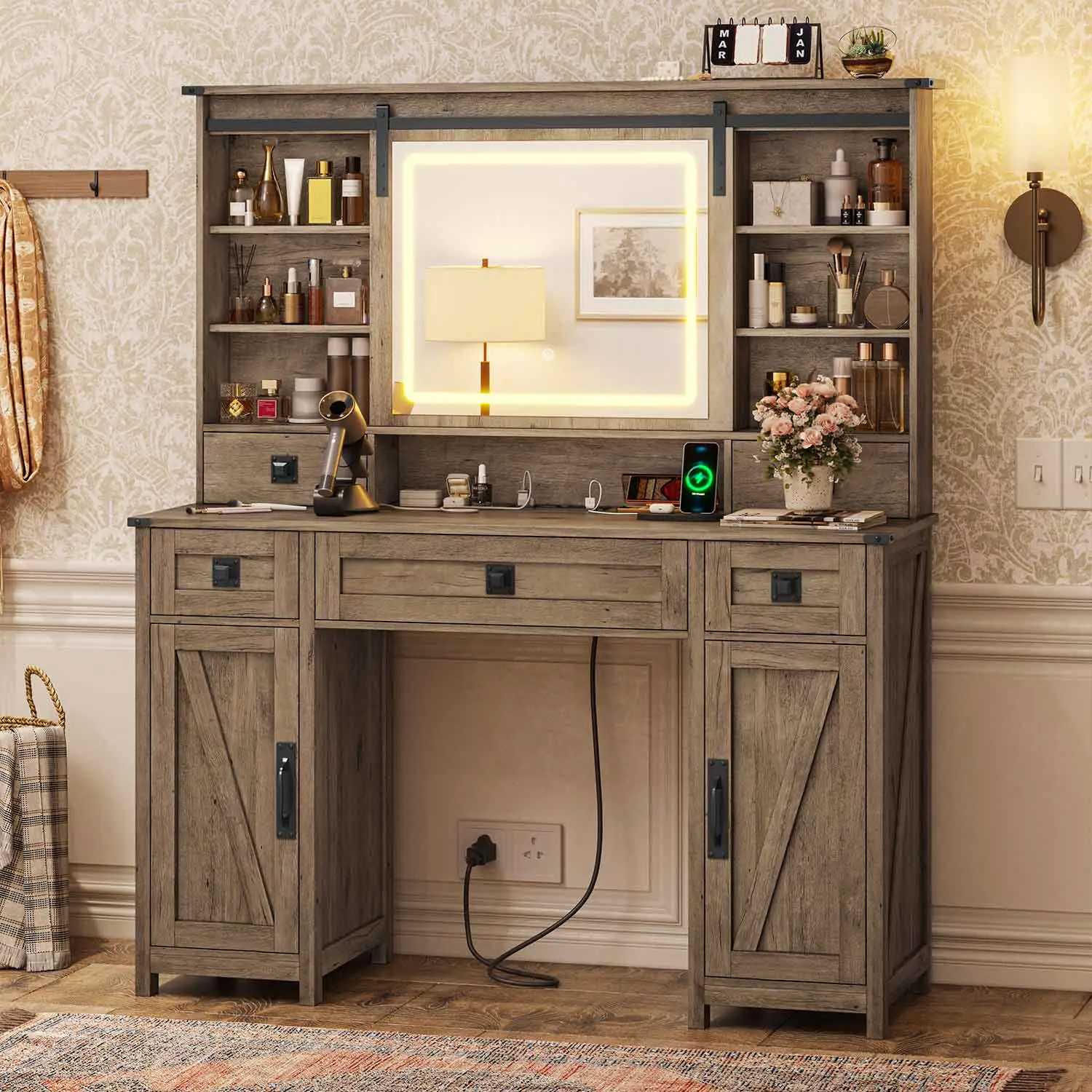 SIKAIC Makeup Vanity with Sliding LED Mirror, Brown Vanity Desk with Storage Drawers and Charging Station for Bedroom Furniture