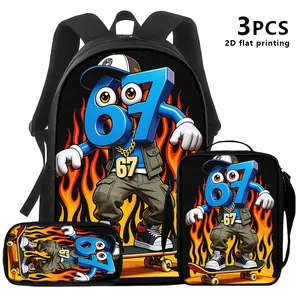 3pcs Backpack, Shoulder Bag, And Pouch with '67' Anthropomorphic Numeral Character Wearing Cap, Cargo Pants, Skateboarding Amid Flame Motifs Urban Street Style for Daily Commuting, Travel, And Stationery Storage