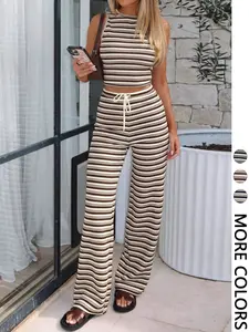 Women's Striped Knit Co-ord Set, Soft Lounge Sets, Crew Neck Sleeveless Crop Tank Top, Elastic Drawstring Waist Wide Leg Pants, Multiple Color Options, Soft Stretchy Breathable Ribbed Knit Fabric, Casual Daily, Vacation & Loungewear