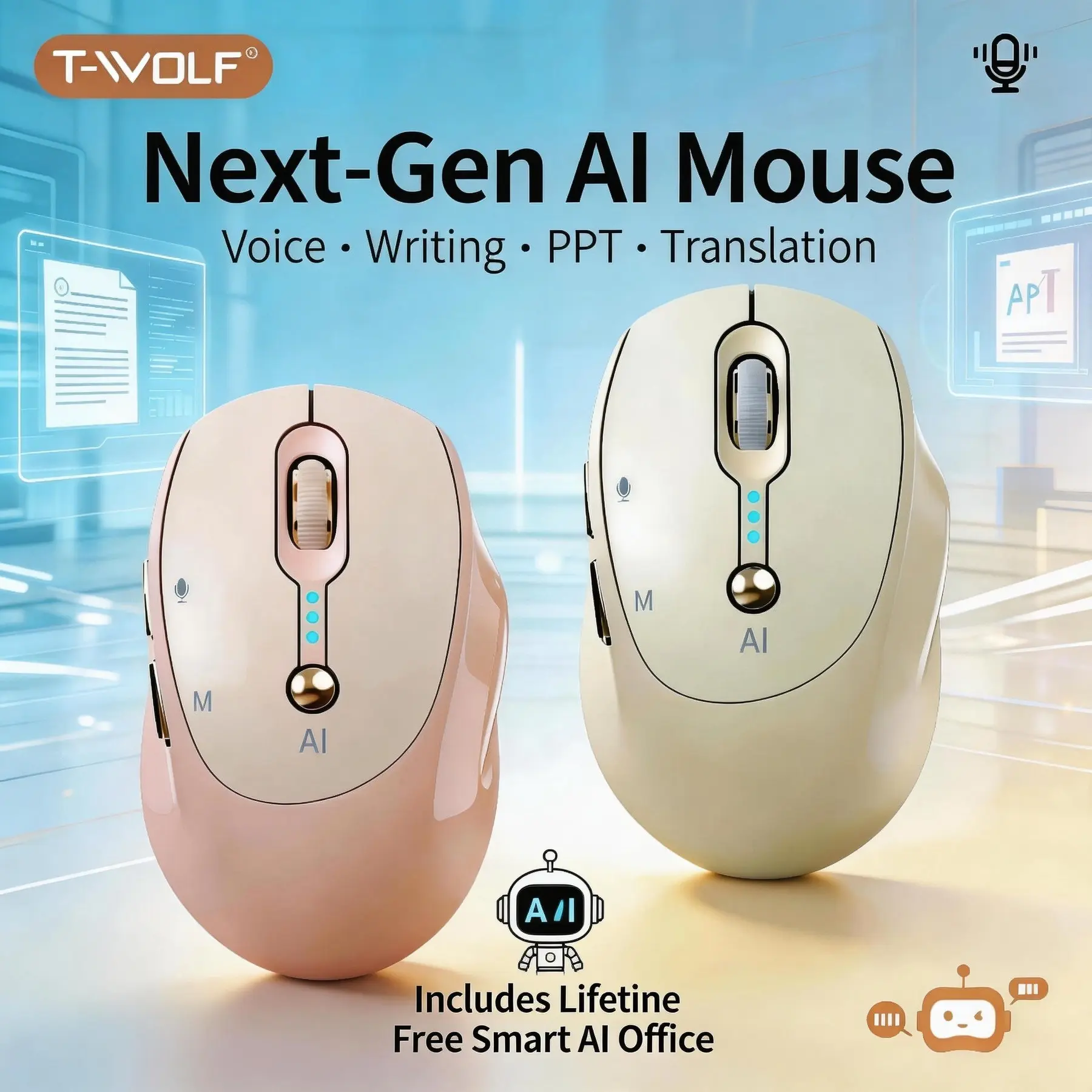 AI Smart Wireless Mouse - Includes AI Office, Voice-To-Text & Real-Time Translation, AI Writing & PPT Creation, Silent BT+2.4G Dual Mode, Rechargeable with Battery Display, Portable for PC, Laptop & Table for Back to School