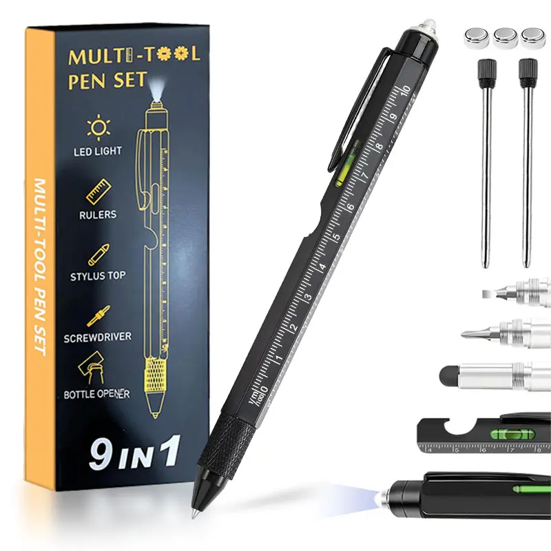 Multitool Pen 9 in 1 Innovative Gift for Men,with LED Light,Ruler, Stylus,Bubble Level,Screwdrivers,Unique Gifts Gadgets for Him,Boyfriend,Husband