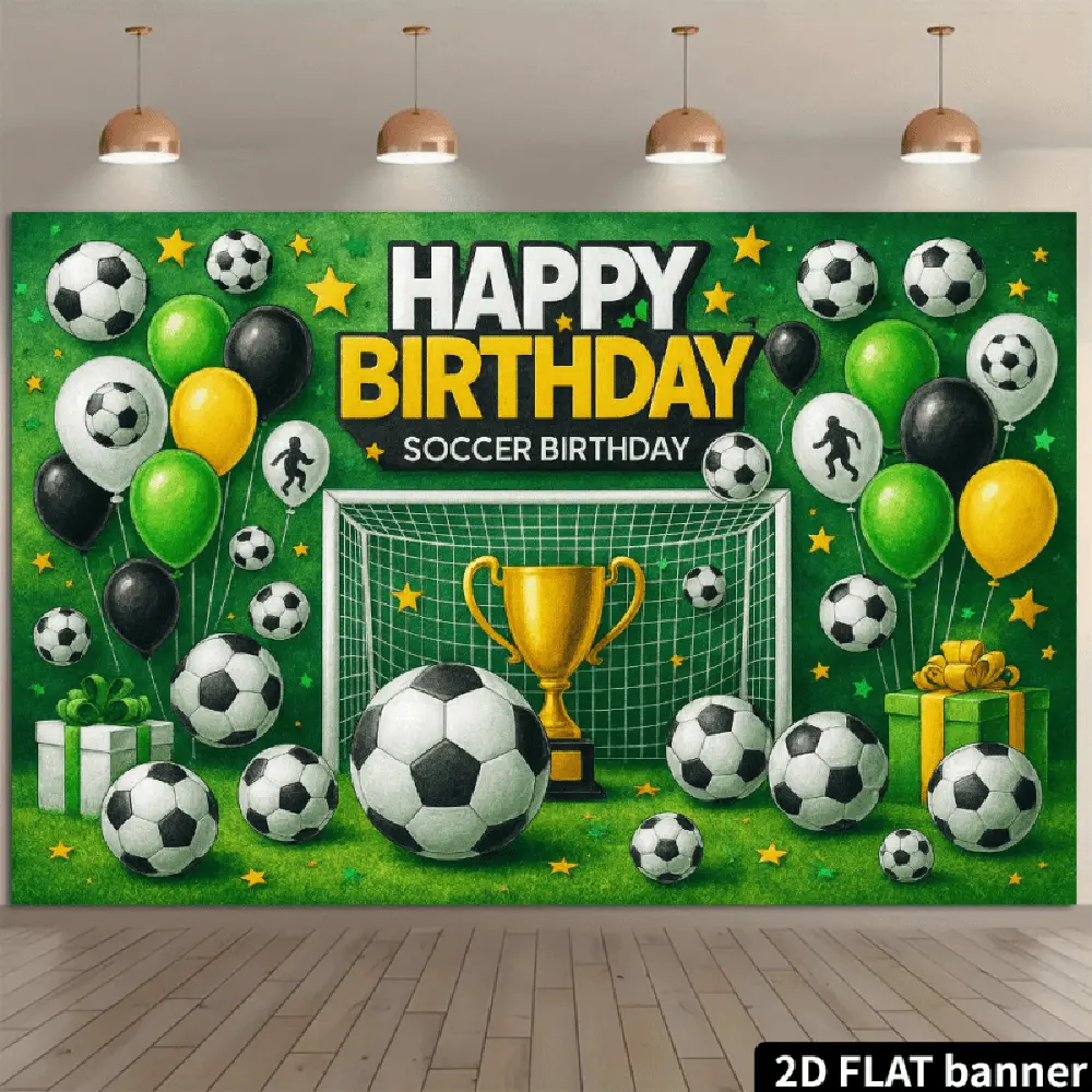 2D Flat Polyester HD Print Soccer Backdrop Banner - Birthday-Themed Festive Sports Decor with Botanical Grass Field, Soccer Goal, Golden Trophy, Balloons, Gift Boxes for Party Photo Booth, Balloon Decor