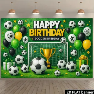 2D Flat Banner Polyester Photography Backdrop, HD Digitally Printed Soccer Birthday Theme Background Cloth with botanical Grass Field, Soccer Goal, Golden Trophy, Balloons, and Gift Boxes for Birthday Party Decorations, Photo Boot