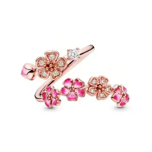 Peach Blossom Ring for Women, Pink Cherry Blossom Adjustable Ring, Floral Open Wrap Band Jewelry, Sparkling Cubic Zirconia Flower Ring, Bridesmaid Wedding Jewelry, Minimalist Everyday Accessory, Birthday Anniversary Gift for Her