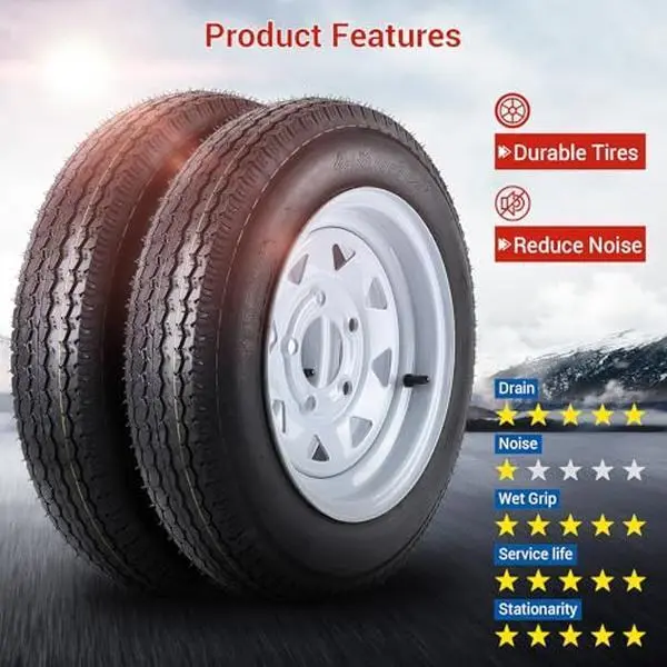 2-Pack 480-12 Trailer Tires with 12'' Rims, White 5 Lug On 4.5'', 6PR Load Range C Heavy-Duty Tires for Utility, Boat, Camper Trailers ﻿
