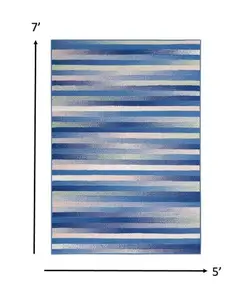 360 stand Blue & Ivory Halftone Stripe Area Rug, 5x7 ft. Standard-Size Machine-Woven Low-Profile Polyester Fiber Rug for Indoor Use & Contemporary Home Decor