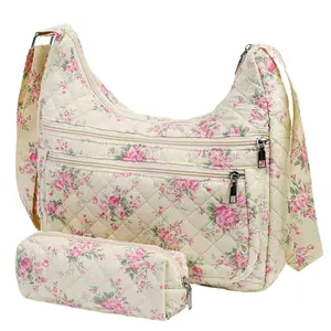 Women's 2-Piece Quilted Floral Bag Set – Small Crossbody and Tote Handbags with Multiple Pockets for Travel, Daily Use, and Casual Outfits