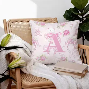 Vintage Coquette Custom Initial Letter Throw Pillow, Includes Pillow Insert, Pink Bow, Teddy Bear & Rose Pattern, Personalized Aesthetic Cushion, Ideal for Teens & Adults, Couch & Bedroom Decor