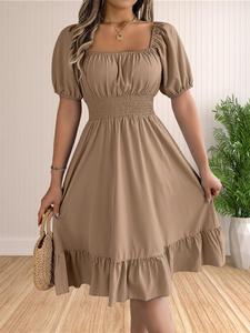 women's plain ruffle hem shirred a line dress, casual puff sleeve square neck knee length dress for summer, women's clothing for daily wear, womenswear, summer dress, casual fashion cozy