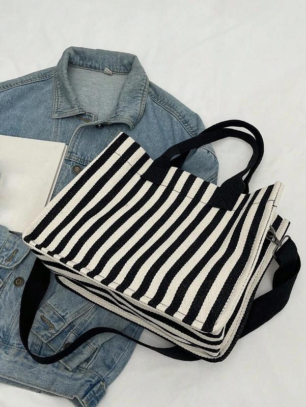 Stylish Black White Vertical Stripe Canvas Tote Bag with Shoulder Strap – Lightweight, Casual, Spacious, Durable Handbag for Women – Daily, Work, Travel, School Use