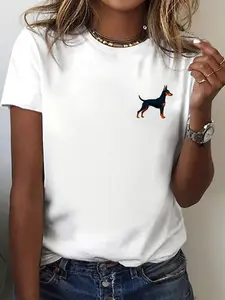 Women's Miniature Pinscher Dog Print T-Shirt - Retro Stripes & Pincher Breed, Short Sleeve Crew Neck Casual Top, Medium Elasticity for, Pet Lover Apparel