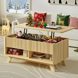 ONBRILL Farmhouse Lift Top Coffee Table, Mid Century Modern Coffee Table with Hidden Storage Compartment, Fluted Rising Pull up Wood Modern Center for Living Room, Office, Natural Oak