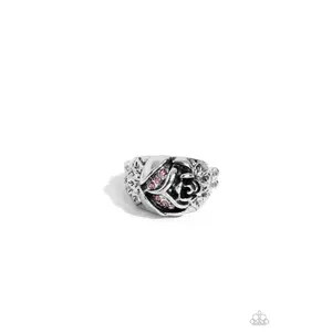 Rose Garden Refinement - Pink Rhinestone Silver Flower Ring - Paparazzi