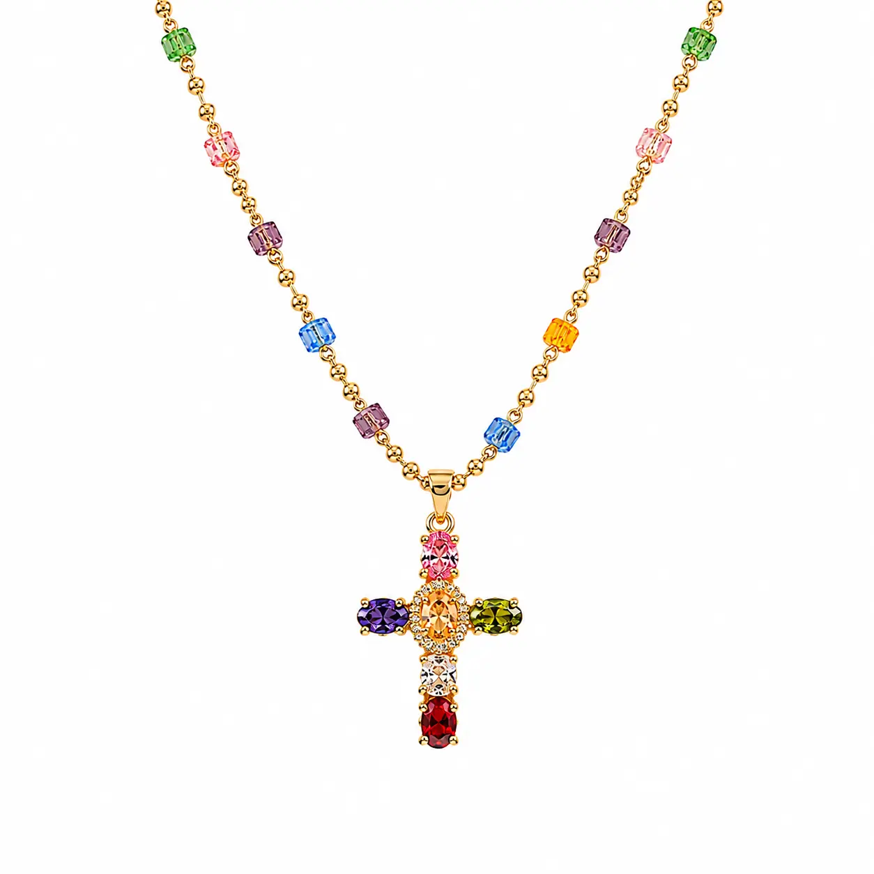 Rainbow Cross Pendant Necklace, Colorful Sparkling Rhinestone Charm Necklace, Exquisite Cross Pendant Necklace, Women's Jewelry