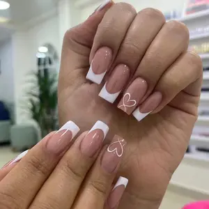 24pcs Night Party Fake Nails, Square Stair Naked Heart French Manicure, Nail Art Design, Glossy Reflective, Reusable Jelly Glue, Perfect for Parties