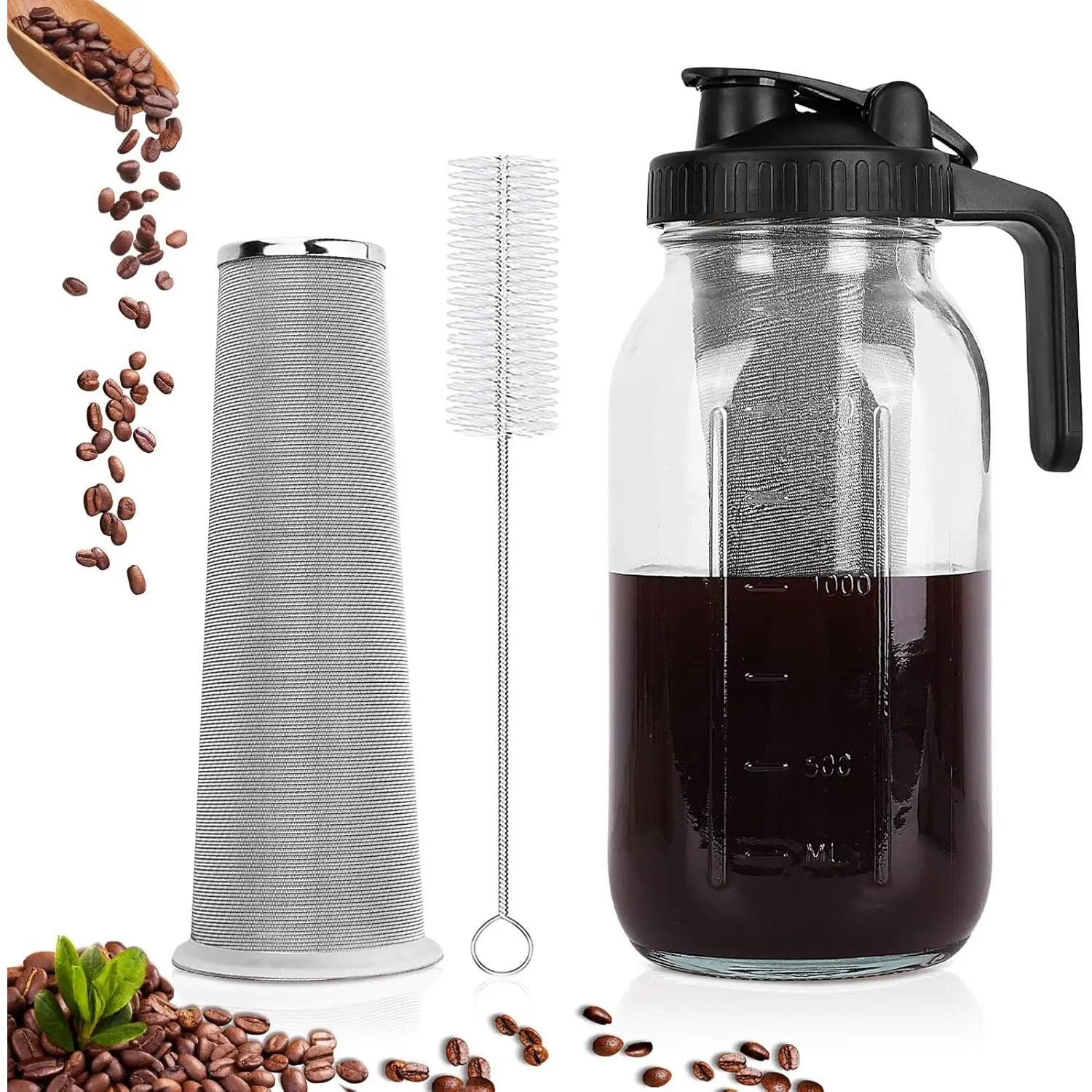 Cold Brew Coffee Maker, 64 oz Wide Mouth Mason Jar Pitcher with Stainless Steel Filter, Pour Spout Handle Lid, Heavy Duty Glass Airtight & Leak-Proof Pitcher for iced coffee & Tea Lemonade