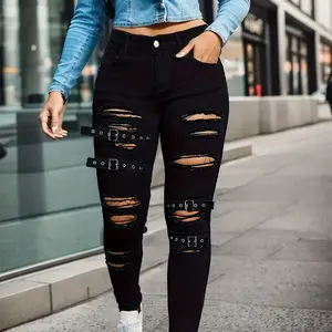 Black Tight Stretch Skinny Trousers Women's Ripped Denim