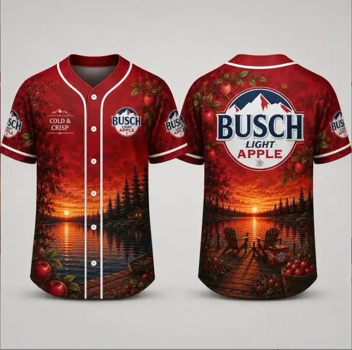 Men’s Red Apple Sunset Baseball Jersey, Lakeside Fall Graphic Button-Up Sports Shirt