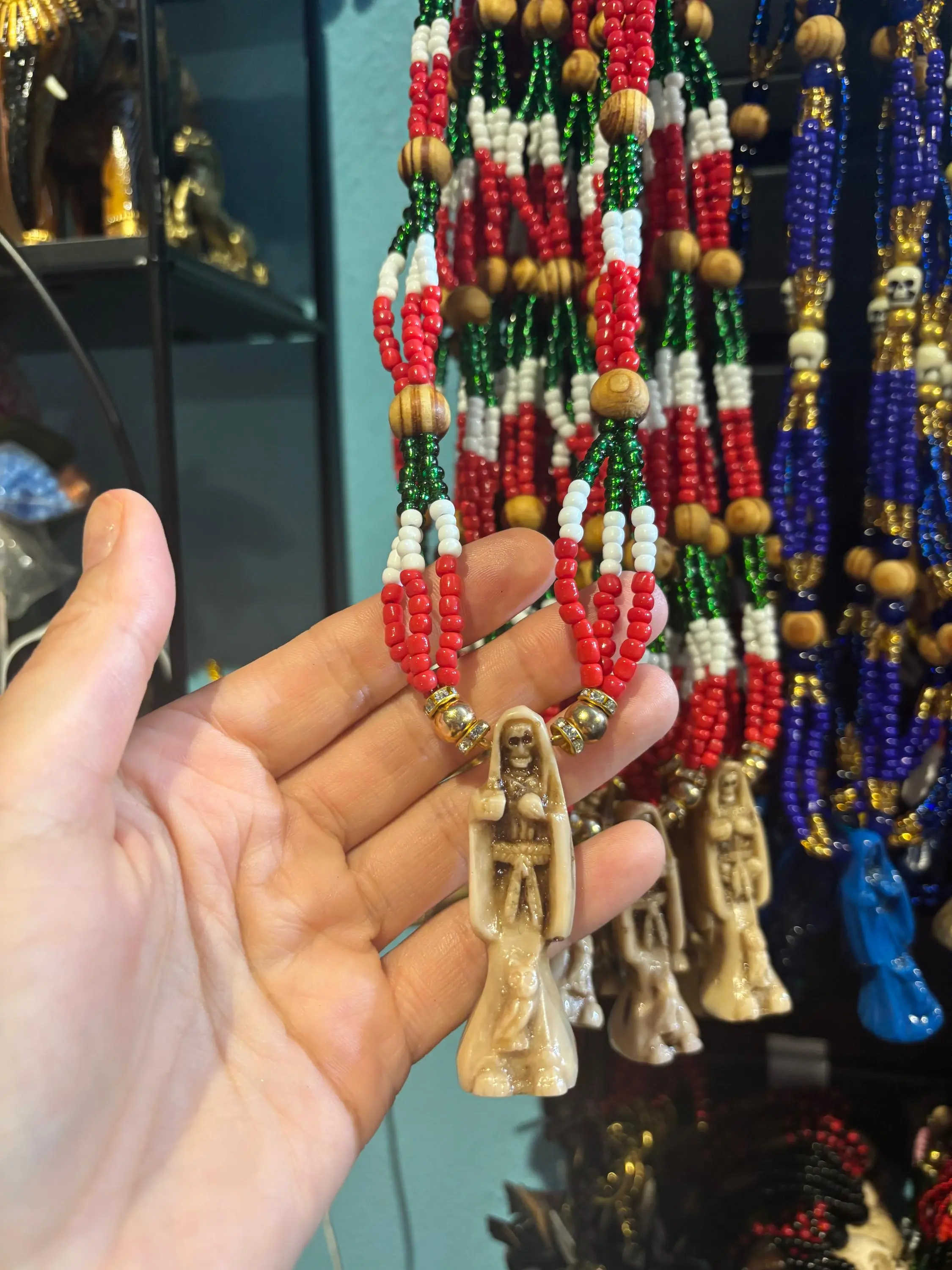 Santa Muerte Mexico flag colors 1 necklace, Activating Instructions, Beaded Pendant