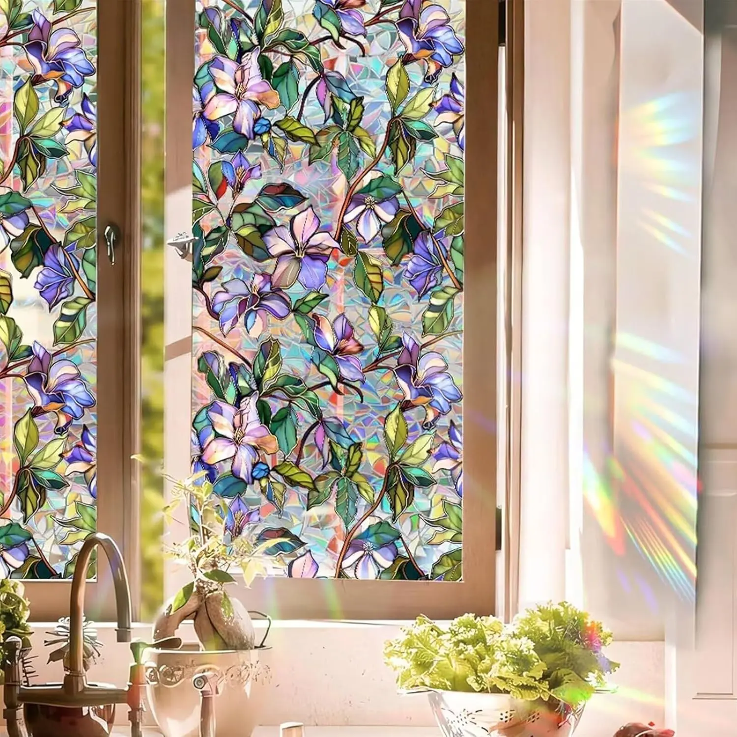 Purple Flower Window Privacy Films, Stained Glass Rainbow Floral Window Sticker Decor, Sun Blocking Removable Static Cling Film for Bathroom Living Room Bedroom Sunroof, 17 x 39.37 Inch