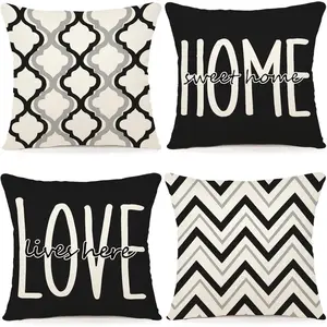 Farmhouse Pillow Covers 16x16 Set of 4 Throw Pillow Covers Rustic Linen Decorative Pillows Square Cushion Covers for Couch Sofa Bedroom Home Decor Black