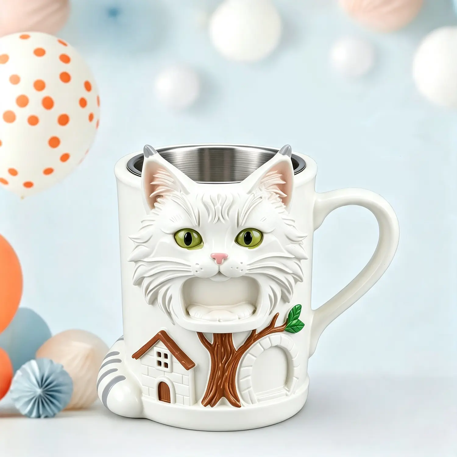 3D White Cat Face Mug, Funny Open Mouth Cat Coffee Cup with Cat Ears Design, Stainless Steel Lined Novelty Mug for Coffee Tea Hot Cocoa, Cat Lover Gift