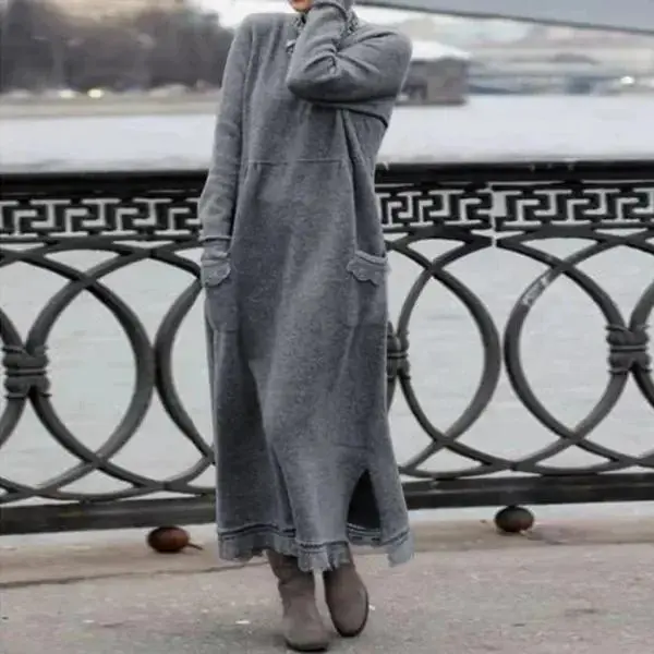 2025 Autumn Loose Plus Size Knitted Lace Long Dress with Fleece Sweatshirt Casual Dress