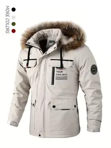 Men's Letter Patched Pocket Zipper Fleece Jacket, Regular Fit Casual Contrast Faux Fur Hooded Outerwear for Fall & Winter, Men's Clothes for Daily Wear, Solid Fleece Jacket