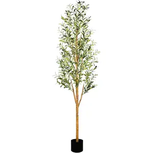 SUNNYGLADE 6FT Tall Artificial Olive Tree Faux Silk Potted Plants with Natural Wood Trunk and Realistic Leaves Branches and Fruits for Home Living Room Office Decor Indoor