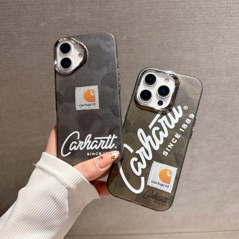 Carhartt Label Electroplated Phone Case – Streetwear Protective Case for iPhone 17 16 15 14 13 Pro Max, Stylish Shockproof Cover for Men & Women