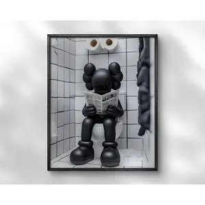 Kaws On The Toilet Reading a Newspaper Wall Art, Black Kaws Figure Print, Art paintings, posters, artworks Decor Room