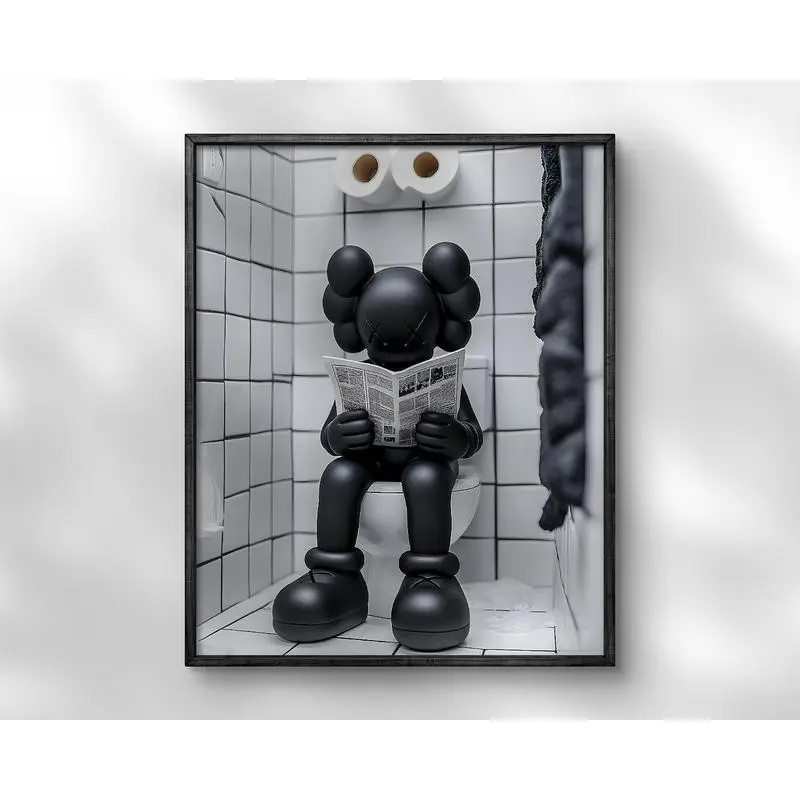 Kaws On The Toilet Reading Newspaper Artistic Graphic Print - Custom Black Kaws Figure Wall Art, Modern Home Decor for Kid Room, Balcony, Bathroom, Classroom