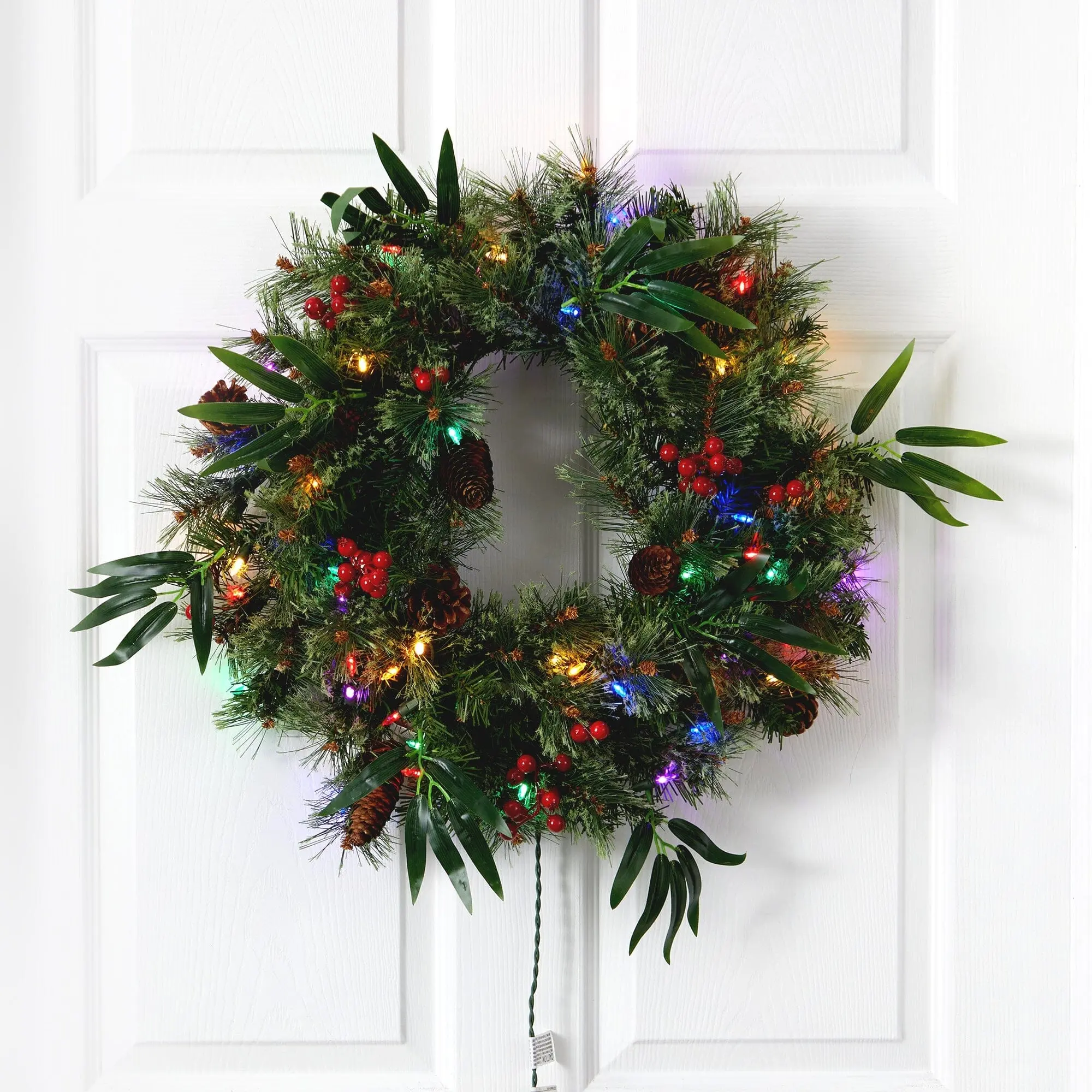 24-in Corded Realistic Artificial Mixed Pine Christmas Wreath Decoration - Pre-Strung 50 Multicoloured LED Lights, Holly, Berries, Pine Cones, Ornaments, Foliage - Light Up Your Space for Door/Wall Hanging, 24 Inches
