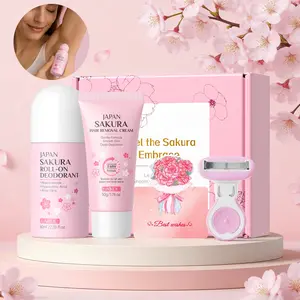 Laikou Sakura Roll-On Deodorant & Hair Removal Cream Set,Long-lasting Dryness & Odor Defense, Sakura Fresh Scent
